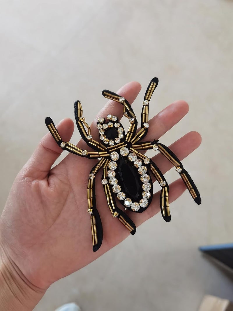 ESH7 2 Pcs Spider Beaded Patches Rhinestone Black Crystal Sew On Sequin Patch Handmade Insect Bead Patch Applique for T-Shirt Handbag Jeans Jackets Shoes Backpack Cap - Image 5